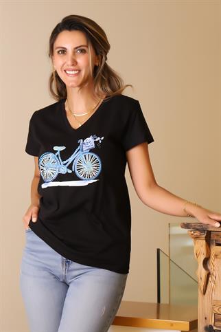 TAŞLI BİSİKLET BASKILI SİYAH KADIN T-SHİRT 34-2Y5