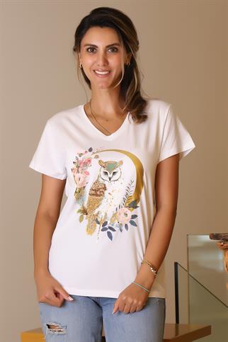 V YAKA BAYKUŞ BASKILI BEYAZ KADIN T-SHİRT   40-2Y5