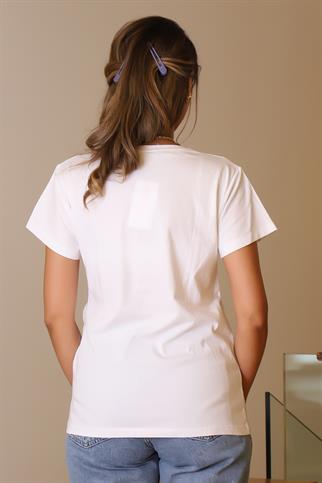V YAKA BAYKUŞ BASKILI BEYAZ KADIN T-SHİRT   40-2Y5