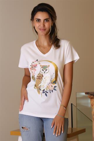 V YAKA BAYKUŞ BASKILI BEYAZ KADIN T-SHİRT   40-2Y5
