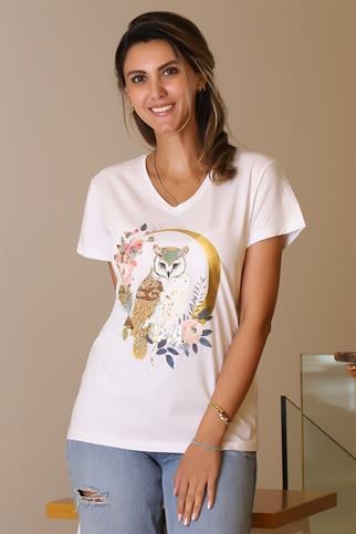 V YAKA BAYKUŞ BASKILI BEYAZ KADIN T-SHİRT   40-2Y5