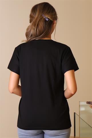 V YAKA BAYKUŞ BASKILI SİYAH KADIN T-SHİRT 40-2Y5