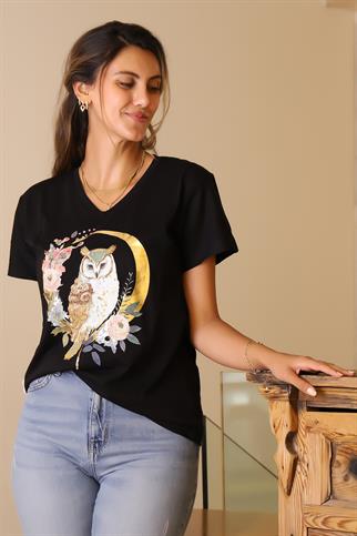 V YAKA BAYKUŞ BASKILI SİYAH KADIN T-SHİRT 40-2Y5