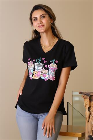 KISA KOLLU BASKILI SİYAH KADIN T-SHİRT 42-2Y5