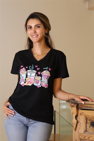 KISA KOLLU BASKILI SİYAH KADIN T-SHİRT 42-2Y5