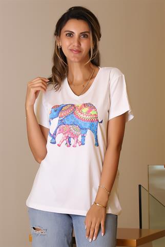 V YAKA TAŞLI FİL BASKILI BEYAZ KADIN T-SHİRT  44-2Y5