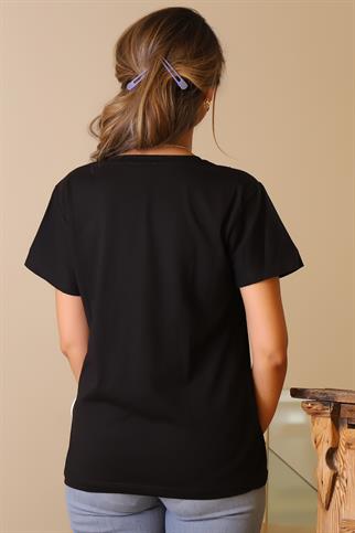 OMUZLARI PUL İŞLEMELİ SİYAH KADIN T-SHİRT 66-2Y5