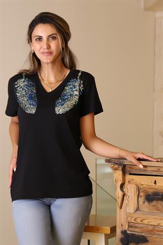 OMUZLARI PUL İŞLEMELİ SİYAH KADIN T-SHİRT 66-2Y5