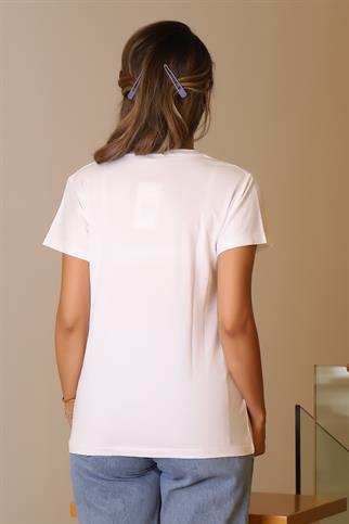 BAYKUŞ DESENLİ  KISA KOLLU BEYAZ KADIN T-SHİRT  84-2Y5