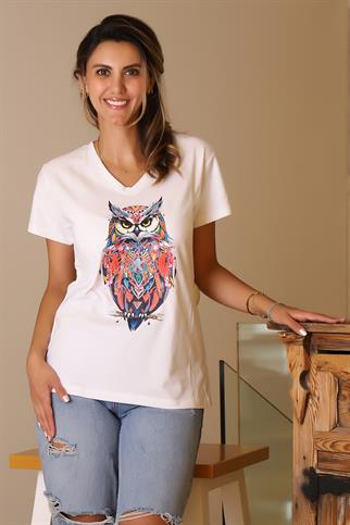 BAYKUŞ DESENLİ  KISA KOLLU BEYAZ KADIN T-SHİRT  84-2Y5