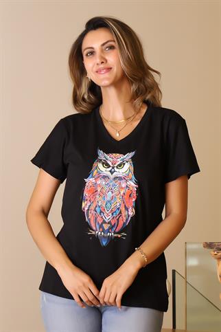 BAYKUŞ DESENLİ KISA KOLLU SİYAH  KADIN T-SHİRT 84-2Y5