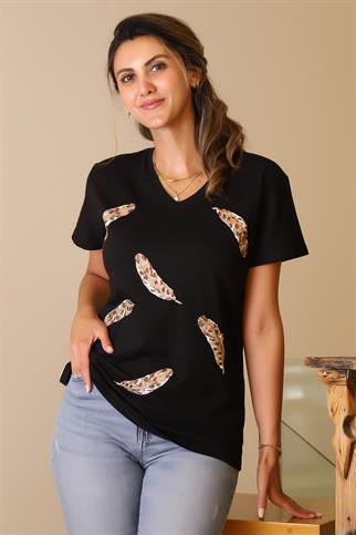 LEOPAR YAPRAK DESENLİ SİYAH KADIN T-SHİRT 85-2Y5