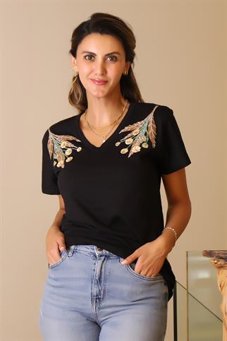 PUL İŞLEMELİ SİYAH KADIN T-SHİRT  91-2Y5