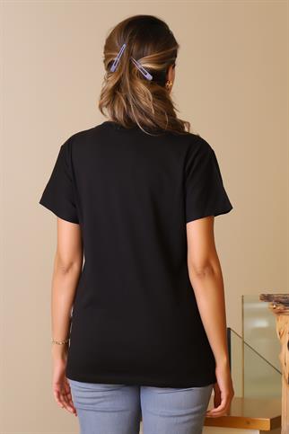 PUL İŞLEMELİ SİYAH KADIN T-SHİRT  91-2Y5