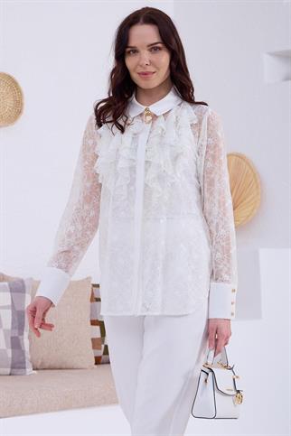 DANTELLİ BROŞLU EKRU KADIN BLUZ  MA11.15-2Y5