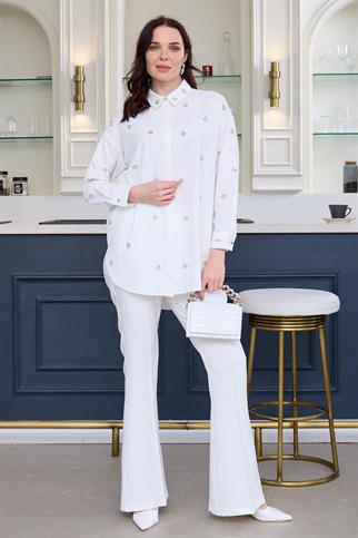 UZUN KOLLU TAŞLI BEYAZ KADIN GÖMLEK  MA11.03-2Y5