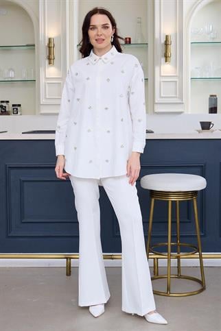 UZUN KOLLU TAŞLI BEYAZ KADIN GÖMLEK  MA11.03-2Y5