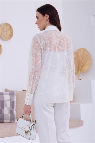 DANTELLİ BROŞLU EKRU KADIN BLUZ  MA11.15-2Y5