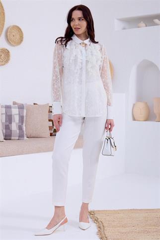 DANTELLİ BROŞLU EKRU KADIN BLUZ  MA11.15-2Y5