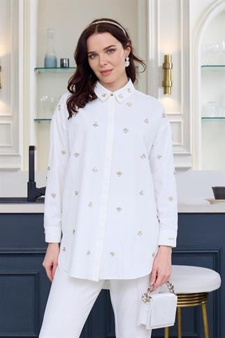UZUN KOLLU TAŞLI BEYAZ KADIN GÖMLEK  MA11.03-2Y5