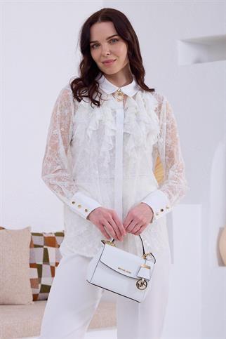 DANTELLİ BROŞLU EKRU KADIN BLUZ  MA11.15-2Y5