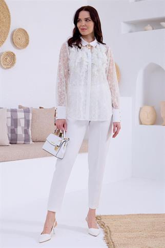 DANTELLİ BROŞLU EKRU KADIN BLUZ  MA11.15-2Y5