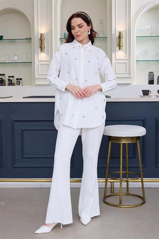 UZUN KOLLU TAŞLI BEYAZ KADIN GÖMLEK  MA11.03-2Y5