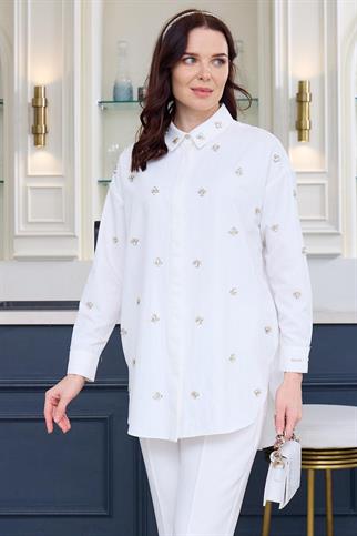 UZUN KOLLU TAŞLI BEYAZ KADIN GÖMLEK  MA11.03-2Y5