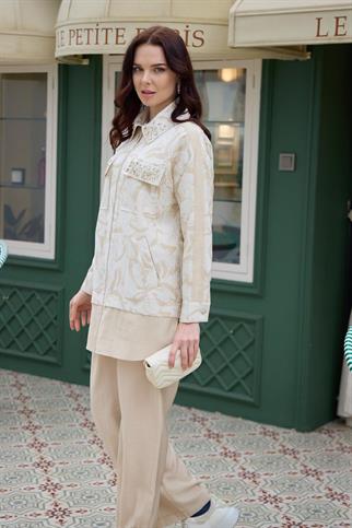 TAŞ İŞLEMELİ DESENLİ BEJ KADIN TAKIM  MA24.23-2Y5