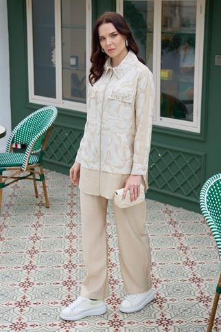 TAŞ İŞLEMELİ DESENLİ BEJ KADIN TAKIM  MA24.23-2Y5