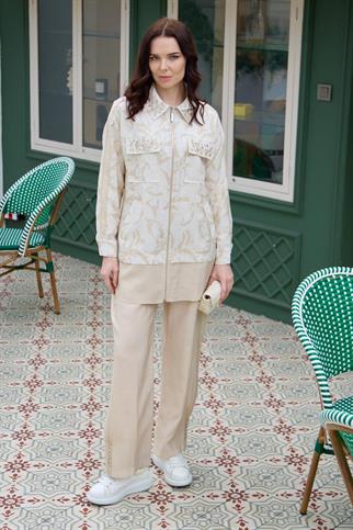 TAŞ İŞLEMELİ DESENLİ BEJ KADIN TAKIM  MA24.23-2Y5