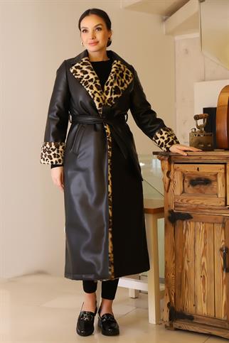 LEOPAR DESENLİ KEMERLİ SİYAH KADIN KABAN 6980-2K5