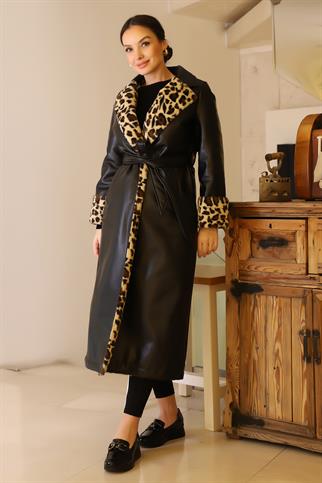 LEOPAR DESENLİ KEMERLİ SİYAH KADIN KABAN 6980-2K5