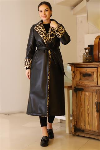 LEOPAR DESENLİ KEMERLİ SİYAH KADIN KABAN 6980-2K5