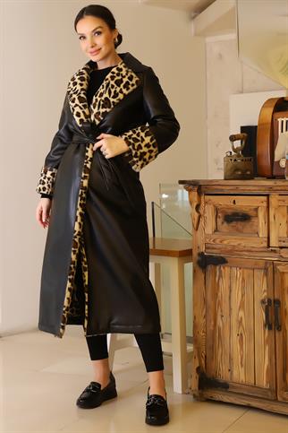 LEOPAR DESENLİ KEMERLİ SİYAH KADIN KABAN 6980-2K5