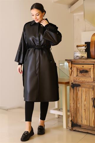 GÖMLEK YAKA DÜĞMELİ SİYAH KADIN KABAN 8163-2K5