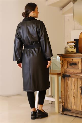 GÖMLEK YAKA DÜĞMELİ SİYAH KADIN KABAN 8163-2K5