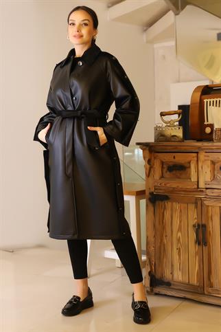 GÖMLEK YAKA DÜĞMELİ SİYAH KADIN KABAN 8163-2K5