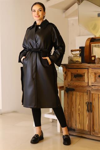 GÖMLEK YAKA DÜĞMELİ SİYAH KADIN KABAN 8163-2K5