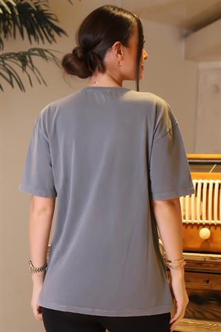 TAŞLI SIFIR YAKA GRİ KADIN T-SHİRT  4703-2Y4 