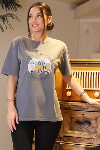 TAŞLI SIFIR YAKA GRİ KADIN T-SHİRT  4703-2Y4 