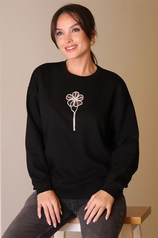TAŞLI ÇİÇEK DESENLİ SİYAH KADIN SWEATSHİRT  5500-2K5