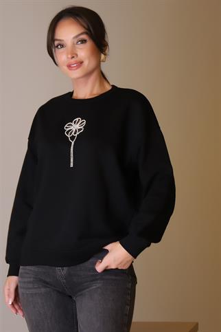 TAŞLI ÇİÇEK DESENLİ SİYAH KADIN SWEATSHİRT  5500-2K5