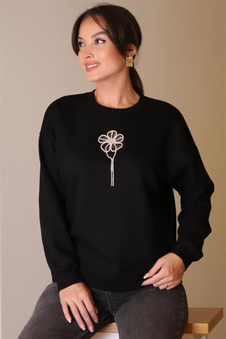 TAŞLI ÇİÇEK DESENLİ SİYAH KADIN SWEATSHİRT  5500-2K5