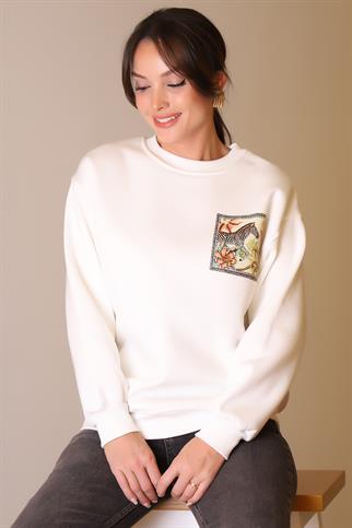 ZEBRA BASKILI TAŞLI EKRU KADIN SWEATSHİRT  5590-2K5