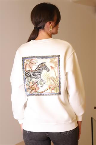 ZEBRA BASKILI TAŞLI EKRU KADIN SWEATSHİRT  5590-2K5