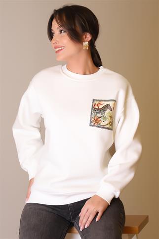 ZEBRA BASKILI TAŞLI EKRU KADIN SWEATSHİRT  5590-2K5