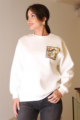 ZEBRA BASKILI TAŞLI EKRU KADIN SWEATSHİRT  5590-2K5