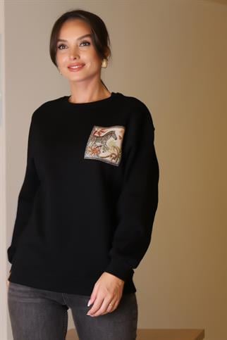 ZEBRA BASKILI TAŞLI SİYAH KADIN SWEATSHİRT 5590-2K5