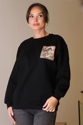 ZEBRA BASKILI TAŞLI SİYAH KADIN SWEATSHİRT 5590-2K5